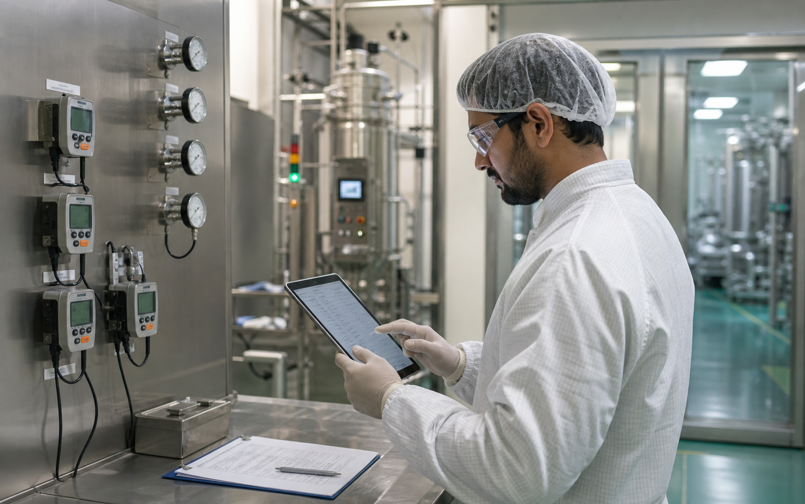 Pharma engineering team reviewing preventive maintenance and calibration records